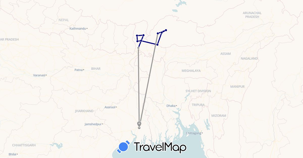 TravelMap itinerary: driving, plane in Bhutan, India (Asia)